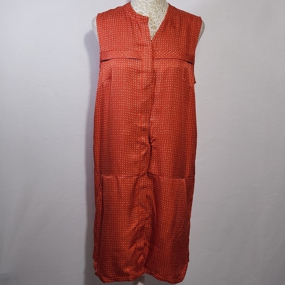 Fossil Women's 100% Silk Orange Ditzy Print Button Down Pockets Shift Dress SZ 4 - Picture 2 of 14